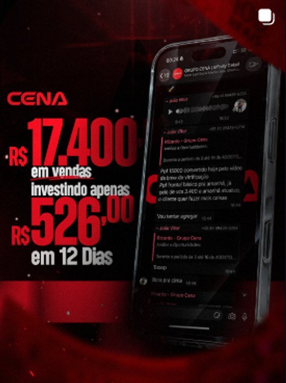 Post do Instagram da CENA: R$ 17.400 em vendas investindo apenas R$ 526 em 12 dias